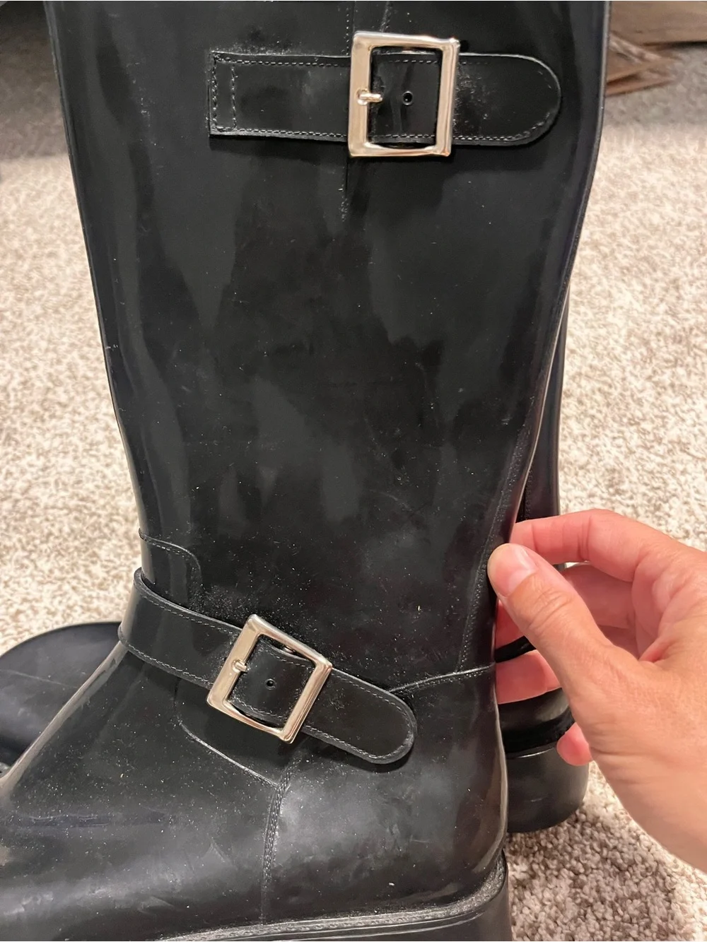 Donald J Pliner Black Rubber Knee High Buckle Rain Boots Italy Size 9